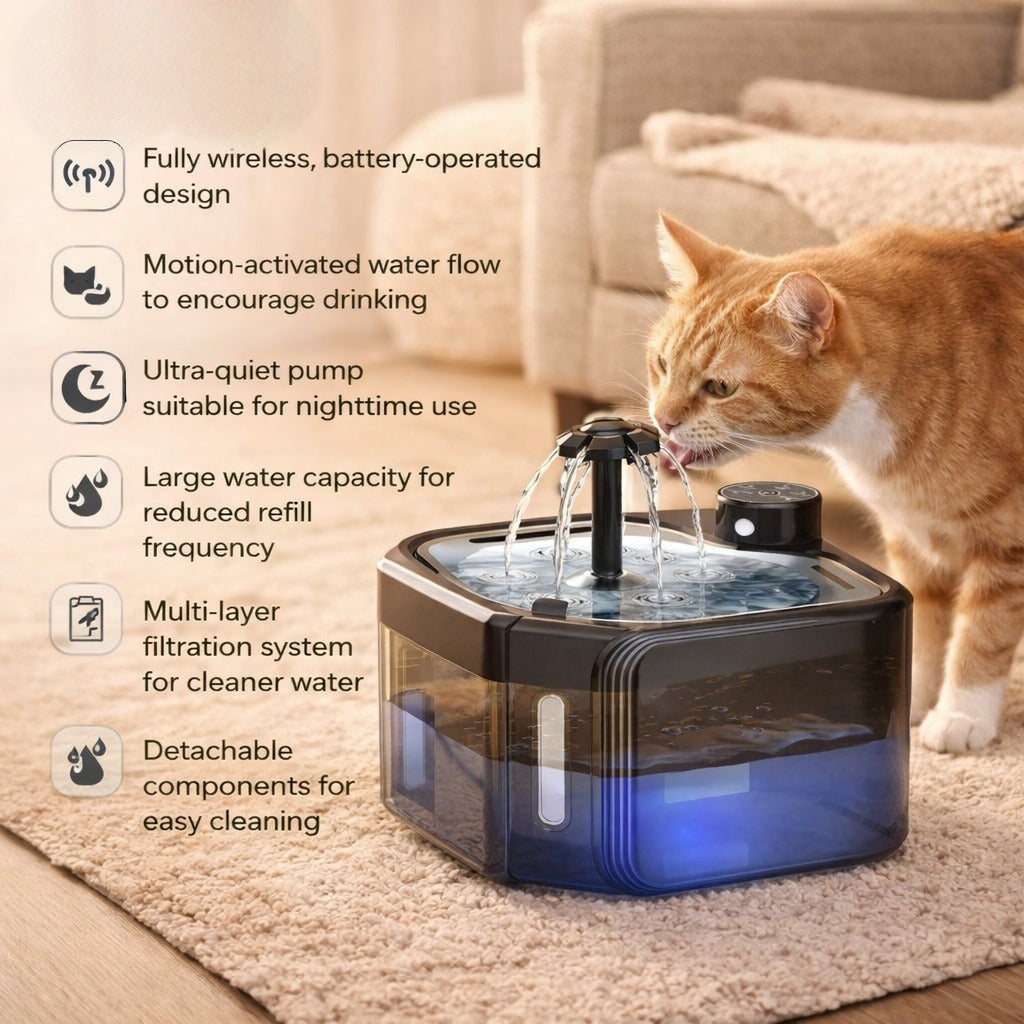 Battery-Operated Wireless Pet Water Fountain with Motion Sensor (2.8 L / 95 oz)